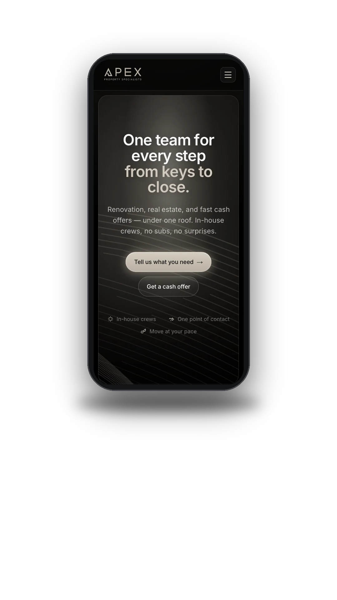 Apex Property Specialists website on a phone